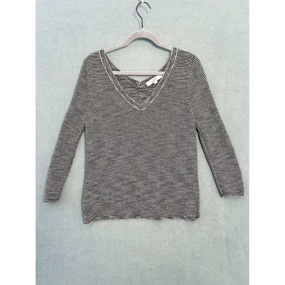 LOFT Womens Black White Striped V-Neck Cotton Blend Sweater Size M 473512